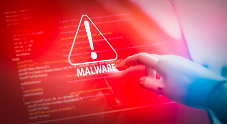 different types of malware finger pointing at malware alert sign on red background